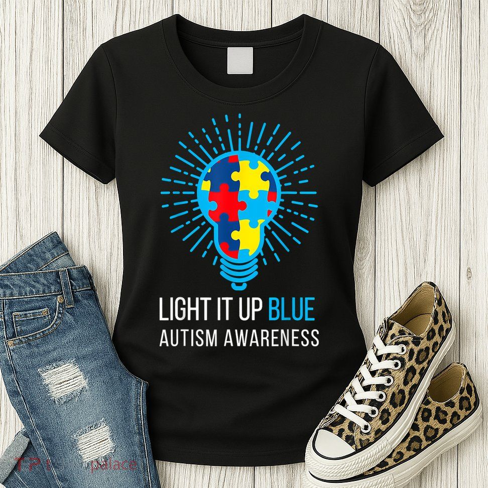 Light It Up Blue Autism Awareness Ribbon Puzzle Pieces Womens T-Shirt