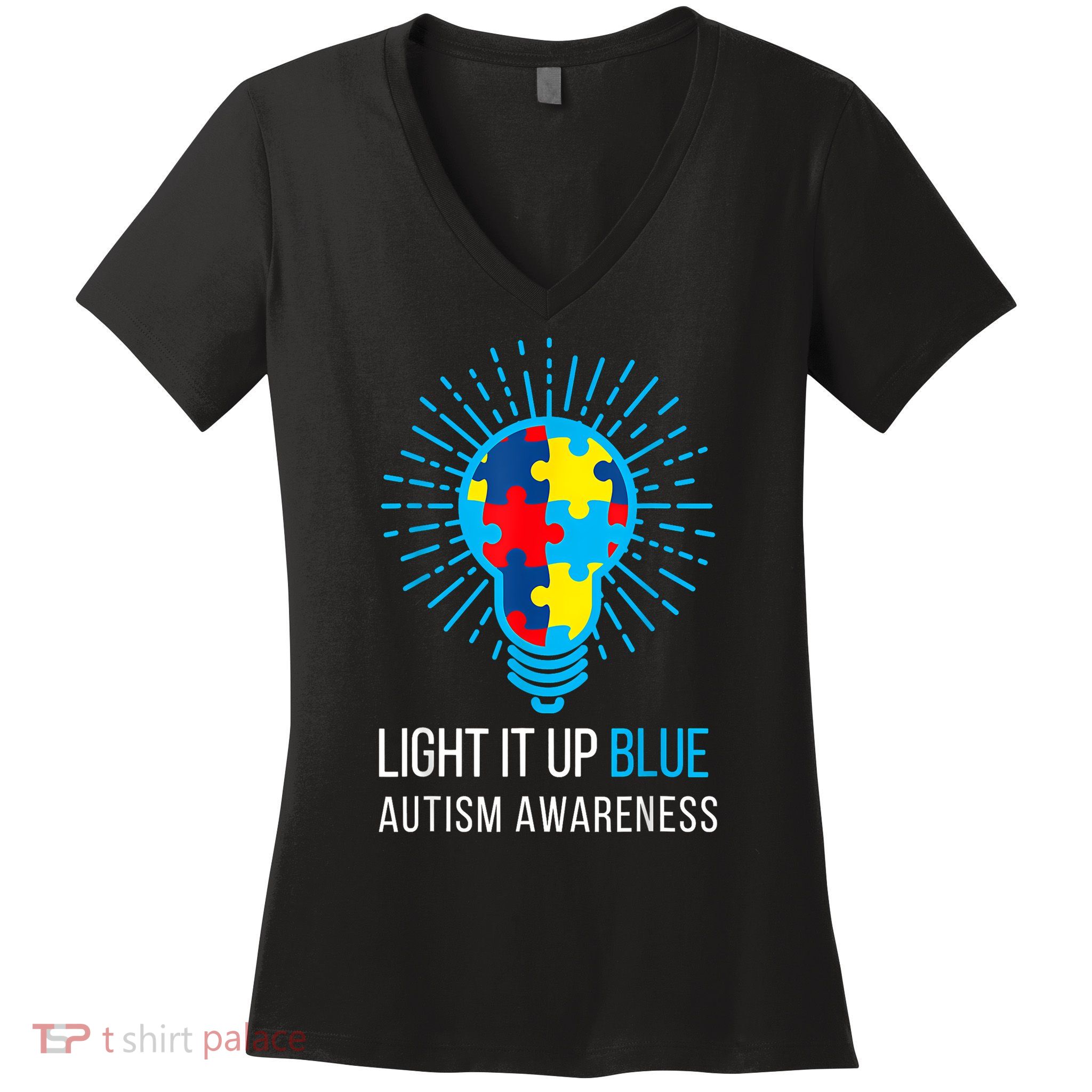 Light It Up Blue Autism Awareness Ribbon Puzzle Pieces Women's V-Neck T-Shirt