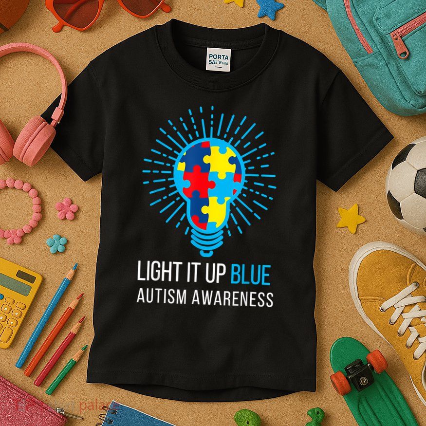 Light It Up Blue Autism Awareness Ribbon Puzzle Pieces Kids T-Shirt