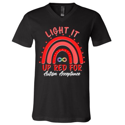 Light It Up Red For Autism Acceptance Red Rainbow V-Neck T-Shirt