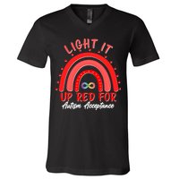 Light It Up Red For Autism Acceptance Red Rainbow V-Neck T-Shirt