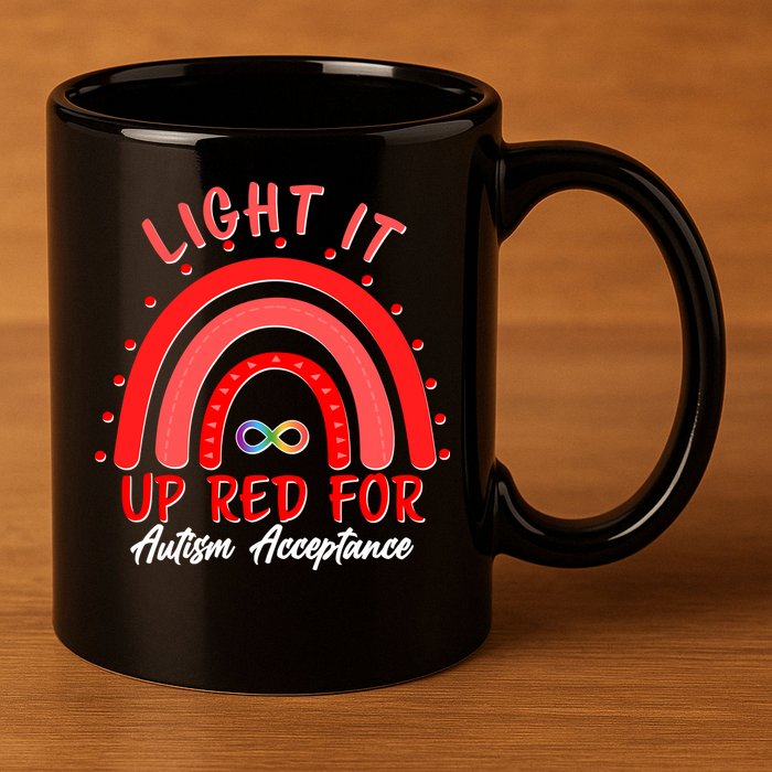 Light It Up Red For Autism Acceptance Red Rainbow 11oz C Handle Ceramic Mug