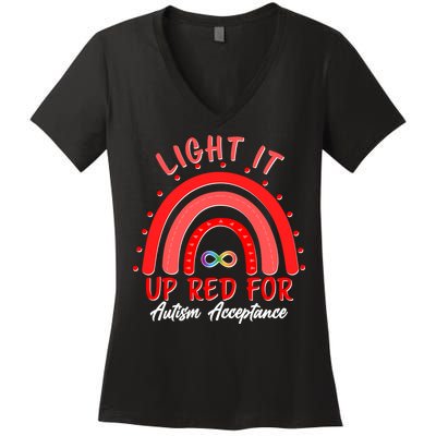 Light It Up Red For Autism Acceptance Red Rainbow Women's V-Neck T-Shirt