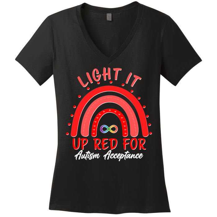 Light It Up Red For Autism Acceptance Red Rainbow Women's V-Neck T-Shirt