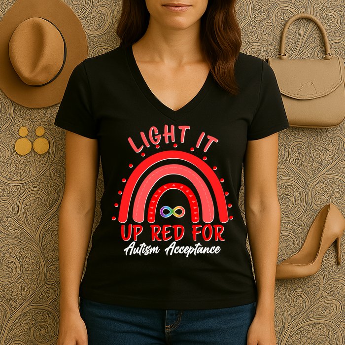 Light It Up Red For Autism Acceptance Red Rainbow Women's V-Neck T-Shirt