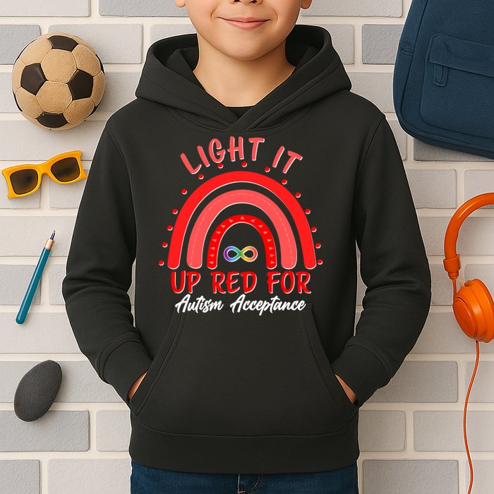 Light It Up Red For Autism Acceptance Red Rainbow Kids Hoodie