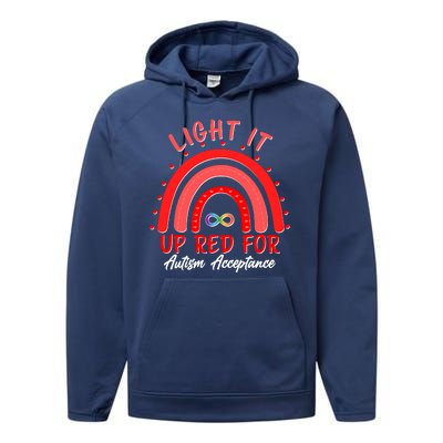 Light It Up Red For Autism Acceptance Red Rainbow Performance Fleece Hoodie