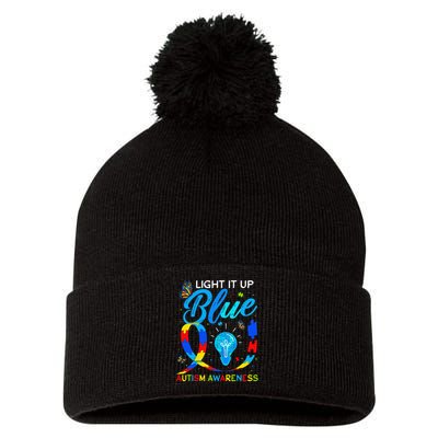 Light It Up Blue Autism Awareness Puzzle Women Pom Pom 12in Knit Beanie