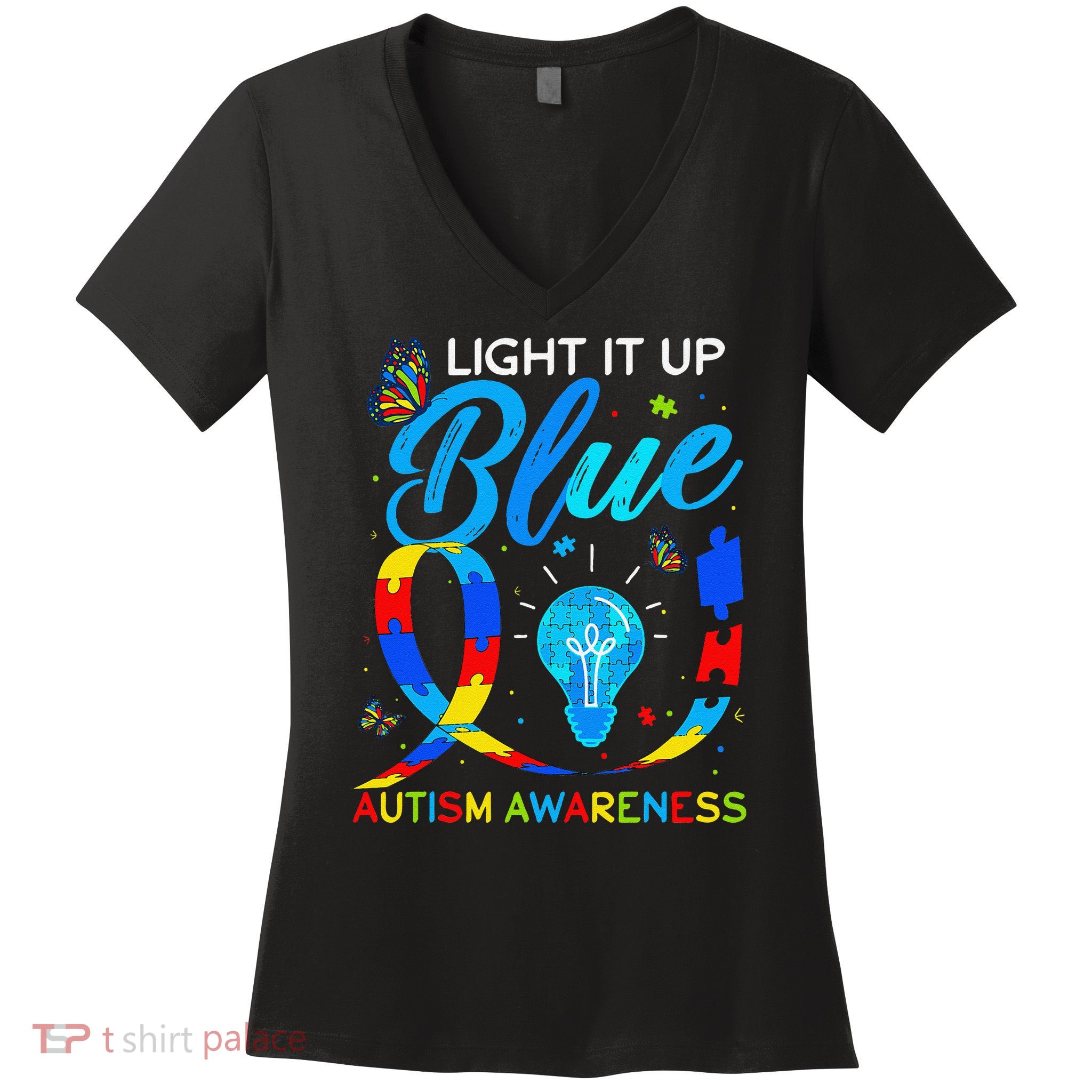 Light It Up Blue Autism Awareness Puzzle Women Women's V-Neck T-Shirt