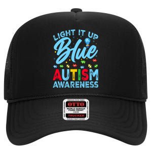 Light It Up Blue Autism Awareness High Crown Mesh Back Trucker Hat