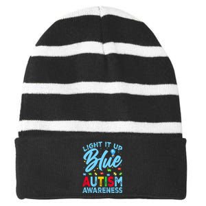 Light It Up Blue Autism Awareness Striped Beanie with Solid Band