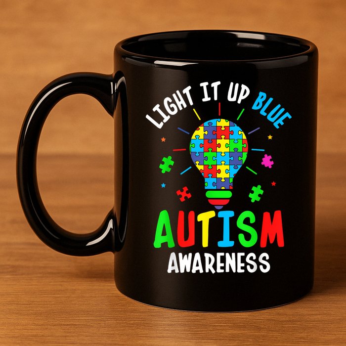 Light It Up Blue Autism Awareness Puzzle Piece Boy 11oz C Handle Ceramic Mug
