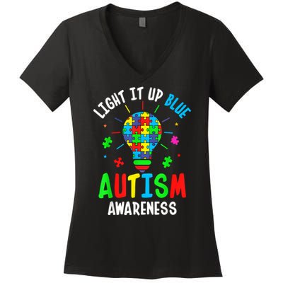 Light It Up Blue Autism Awareness Puzzle Piece Boy Women's V-Neck T-Shirt
