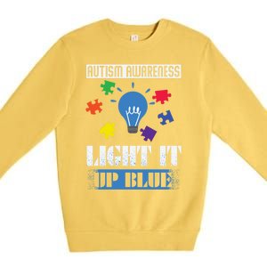 Light It Up Blue Autism Awareness Ribbon Puzzle Pieces Gift Premium Crewneck Sweatshirt