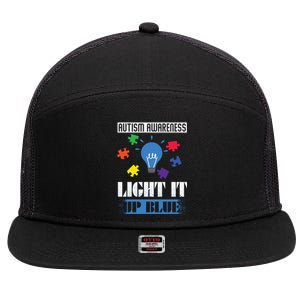 Light It Up Blue Autism Awareness Ribbon Puzzle Pieces Gift 7 Panel Mesh Trucker Snapback Hat