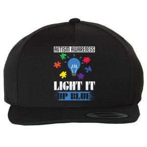 Light It Up Blue Autism Awareness Ribbon Puzzle Pieces Gift Wool Snapback Cap