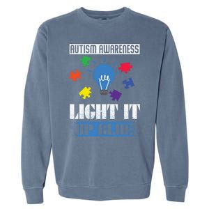 Light It Up Blue Autism Awareness Ribbon Puzzle Pieces Gift Garment-Dyed Sweatshirt