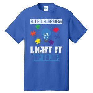 Light It Up Blue Autism Awareness Ribbon Puzzle Pieces Gift Tall T-Shirt