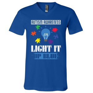 Light It Up Blue Autism Awareness Ribbon Puzzle Pieces Gift V-Neck T-Shirt