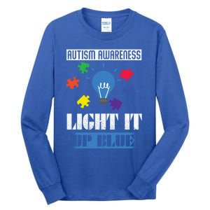 Light It Up Blue Autism Awareness Ribbon Puzzle Pieces Gift Tall Long Sleeve T-Shirt