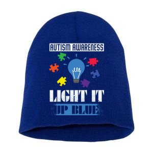 Light It Up Blue Autism Awareness Ribbon Puzzle Pieces Gift Short Acrylic Beanie