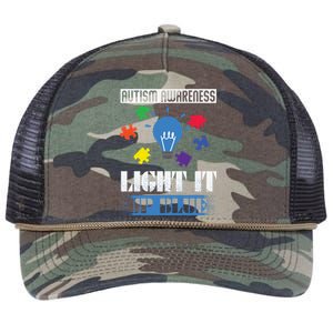 Light It Up Blue Autism Awareness Ribbon Puzzle Pieces Gift Retro Rope Trucker Hat Cap