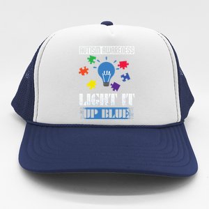 Light It Up Blue Autism Awareness Ribbon Puzzle Pieces Gift Trucker Hat