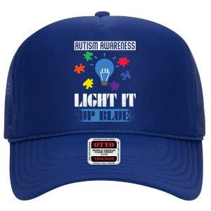 Light It Up Blue Autism Awareness Ribbon Puzzle Pieces Gift High Crown Mesh Back Trucker Hat