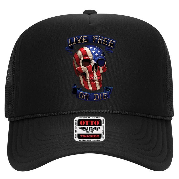 Live Free Or Die Patriot Skull USA Pride High Crown Mesh Back Trucker Hat