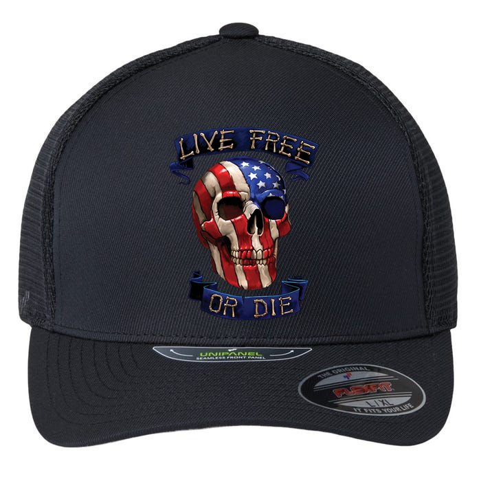 Live Free Or Die Patriot Skull USA Pride Flexfit Unipanel Trucker Cap