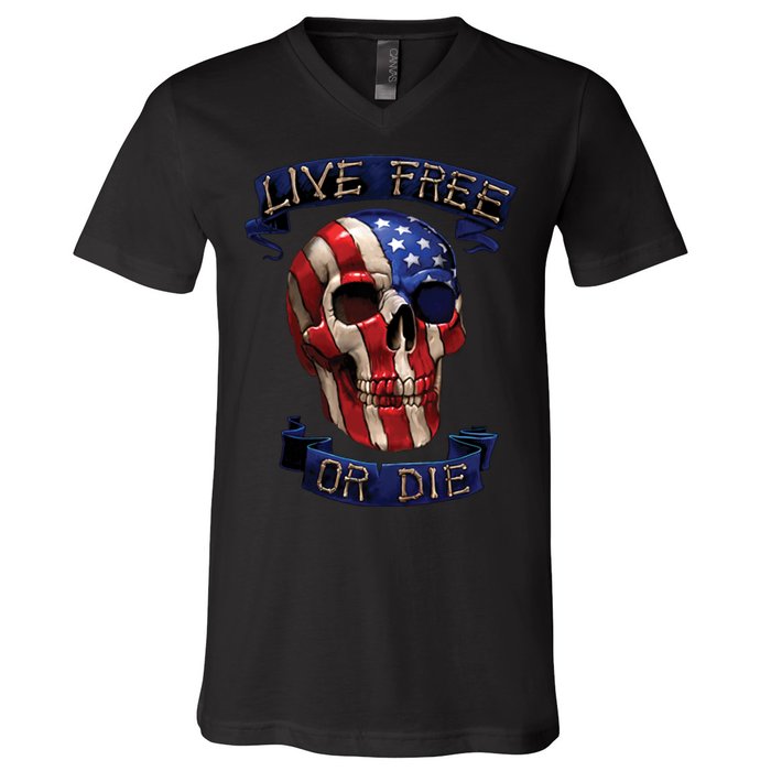 Live Free Or Die Patriot Skull USA Pride V-Neck T-Shirt