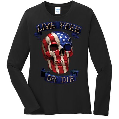 Live Free Or Die Patriot Skull USA Pride Ladies Long Sleeve Shirt