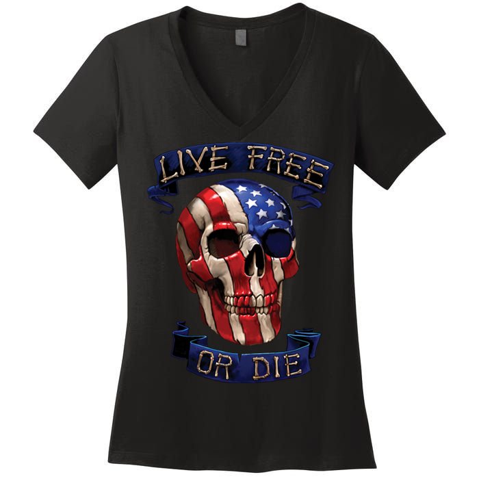 Live Free Or Die Patriot Skull USA Pride Women's V-Neck T-Shirt