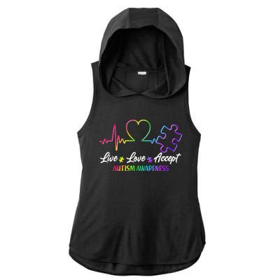 Live Love Accept Autism Awareness Rainbow Ladies PosiCharge Tri-Blend Wicking Draft Hoodie Tank