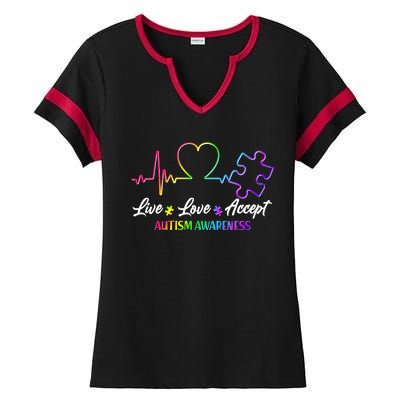 Live Love Accept Autism Awareness Rainbow Ladies Halftime Notch Neck Tee