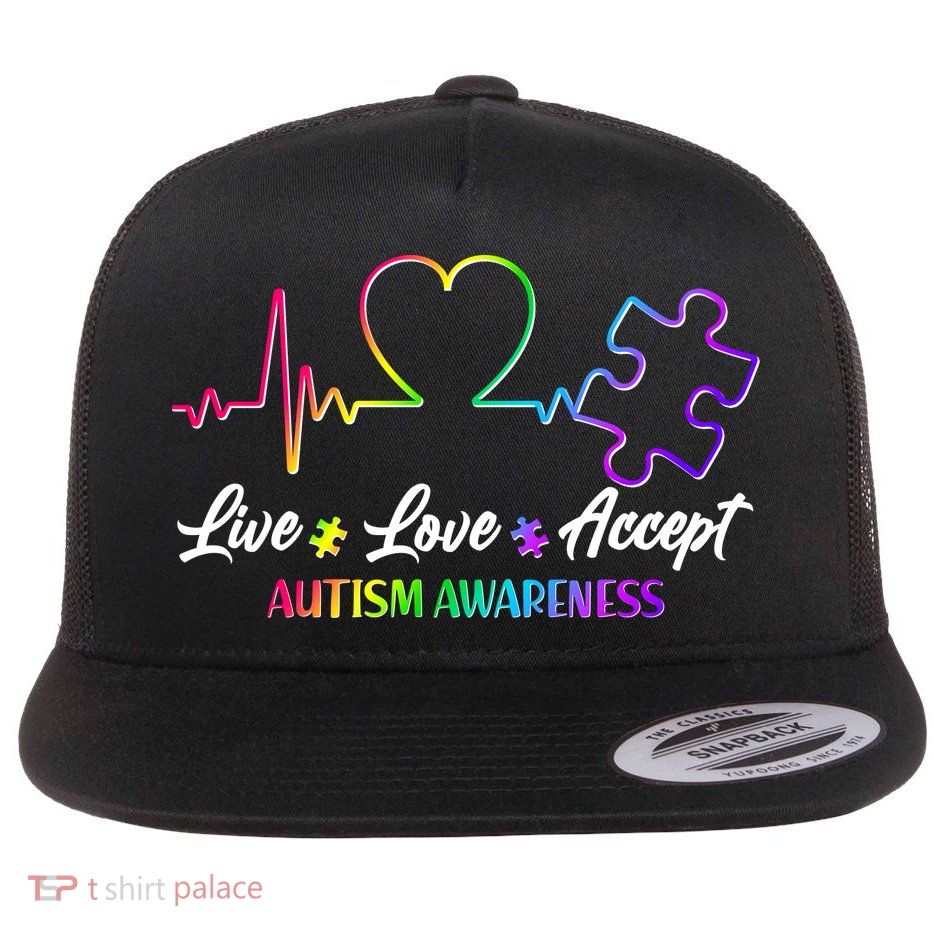 Live Love Accept Autism Awareness Rainbow Flat Bill Trucker Hat