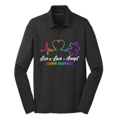 Live Love Accept Autism Awareness Rainbow Silk Touch Performance Long Sleeve Polo