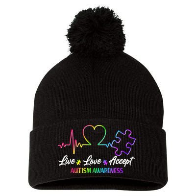 Live Love Accept Autism Awareness Rainbow Pom Pom 12in Knit Beanie