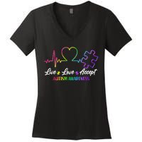 Live Love Accept Autism Awareness Rainbow Women's V-Neck T-Shirt