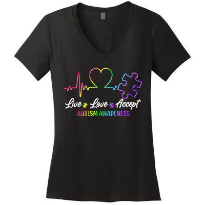 Live Love Accept Autism Awareness Rainbow Women's V-Neck T-Shirt