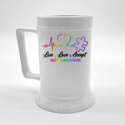 Live Love Accept Autism Awareness Rainbow Beer Stein