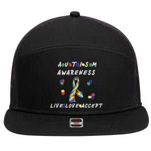 Live Love Accept Autism Puzzle Piece Ribbon 7 Panel Mesh Trucker Snapback Hat