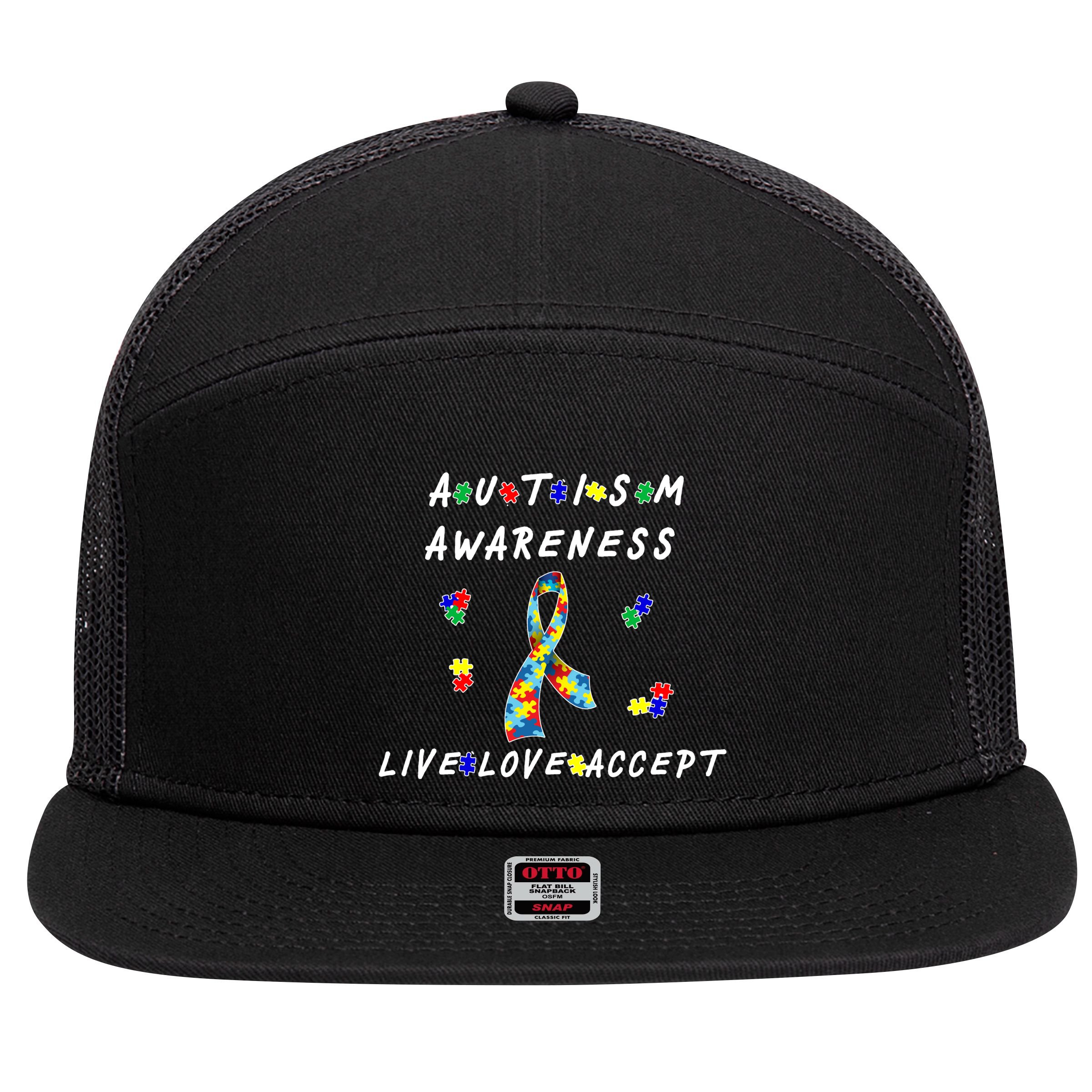Live Love Accept Autism Puzzle Piece Ribbon 7 Panel Mesh Trucker Snapback Hat