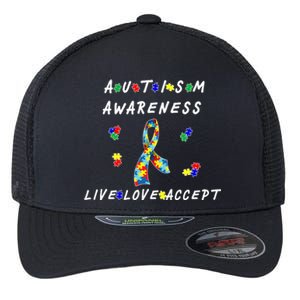 Live Love Accept Autism Puzzle Piece Ribbon Flexfit Unipanel Trucker Cap