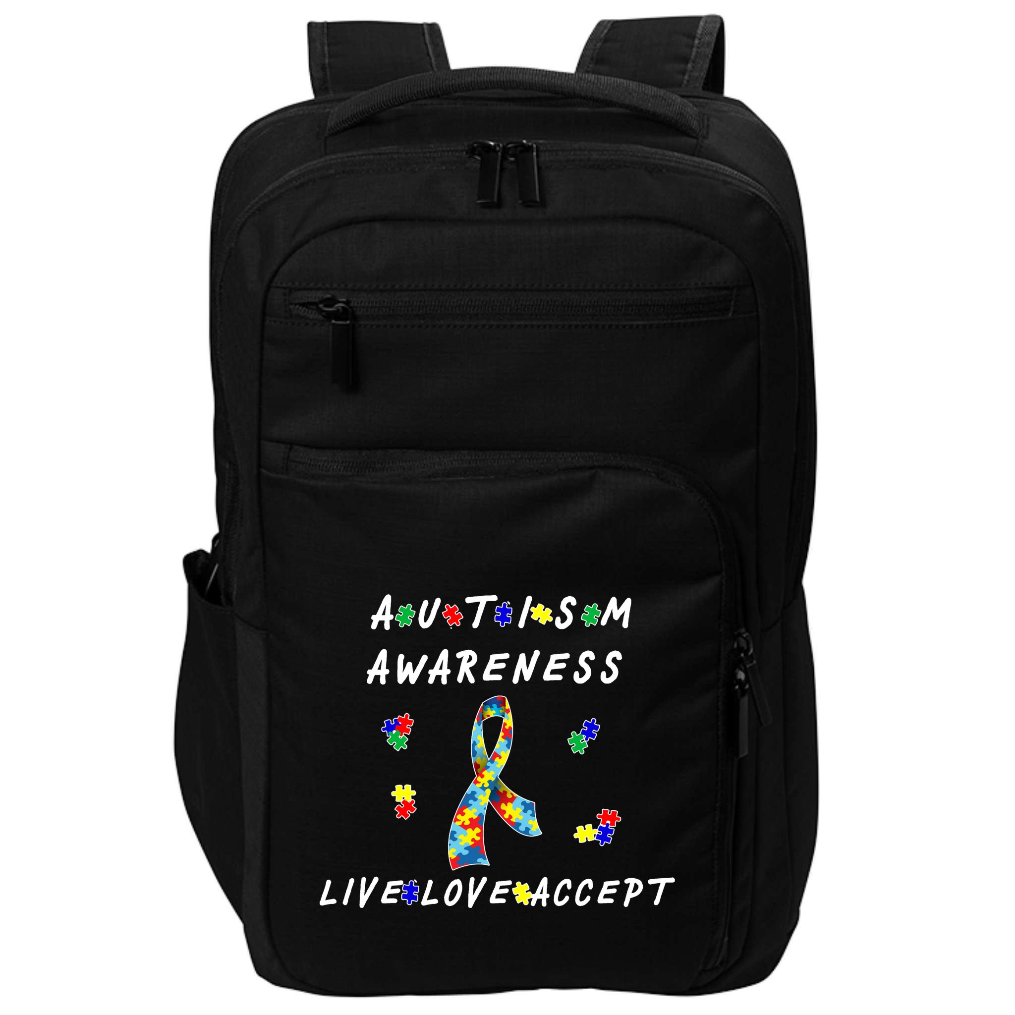Live Love Accept Autism Puzzle Piece Ribbon Impact Tech Backpack
