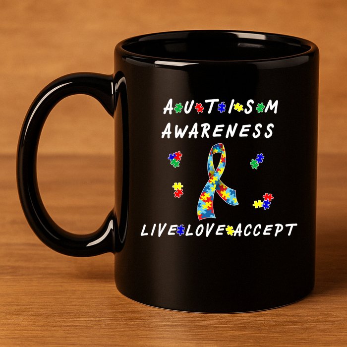 Live Love Accept Autism Puzzle Piece Ribbon 11oz C Handle Ceramic Mug
