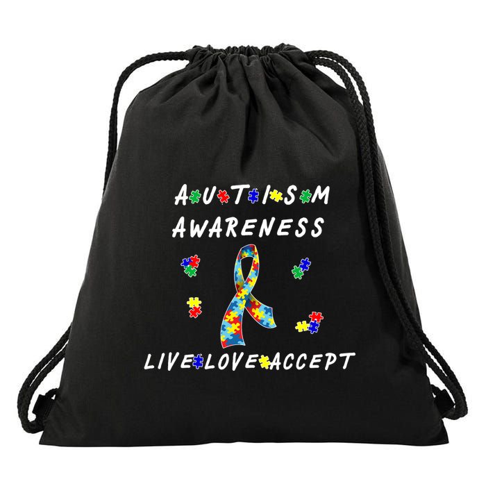 Live Love Accept Autism Puzzle Piece Ribbon Drawstring Bag
