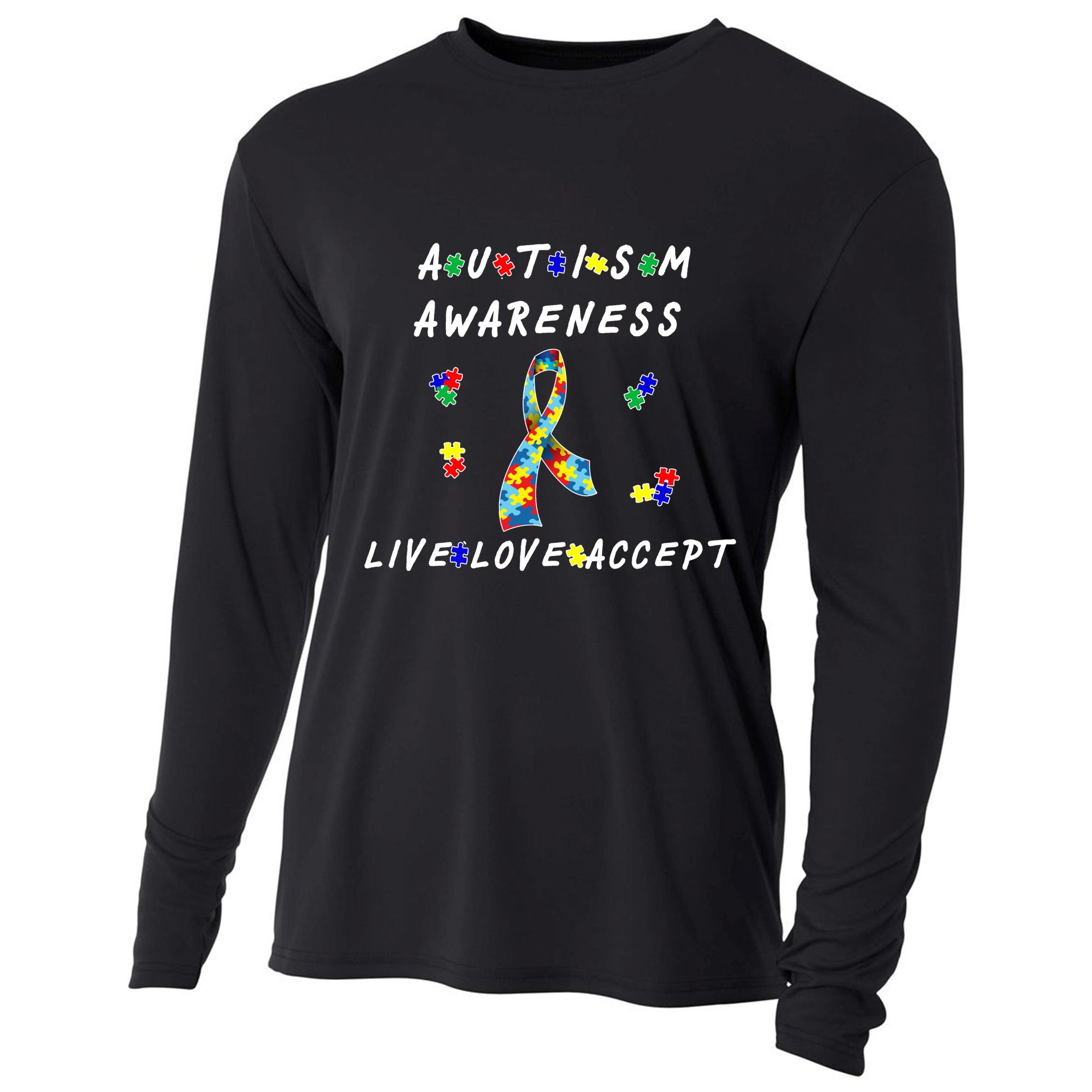 Live Love Accept Autism Puzzle Piece Ribbon Cooling Performance Long Sleeve Crew
