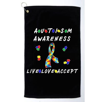 Live Love Accept Autism Puzzle Piece Ribbon Platinum Collection Golf Towel