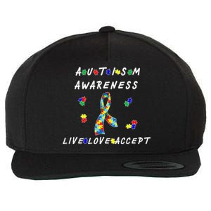 Live Love Accept Autism Puzzle Piece Ribbon Wool Snapback Cap